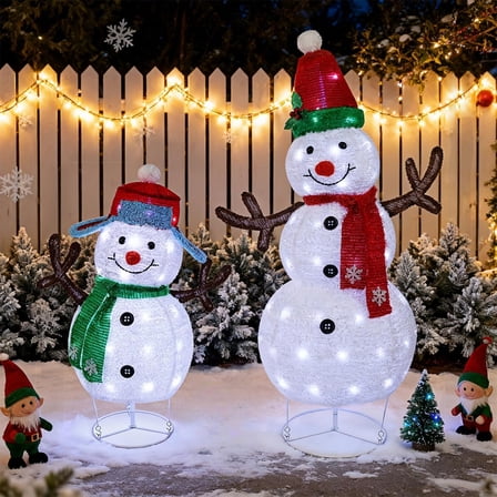 Set of 2 Lighted Christmas Snowman Decorations, 3.6 FT and 2.6 FT Outdoor Pre-Lit White Snowmen, Collapsible Xmas Yard Display, Plug in for Holiday Winter Garden