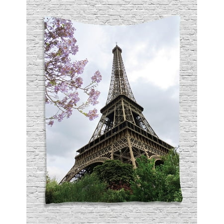 Bedroom Accessories Decor Eiffel Tower Decor Wall Hanging Tapestry, Eiffel Natural Flowers Colorful Blossoms Cloudy Sky Perspective Paris Decor Print, Bedroom Living Room Dorm Accessories, By Ambesonne ()