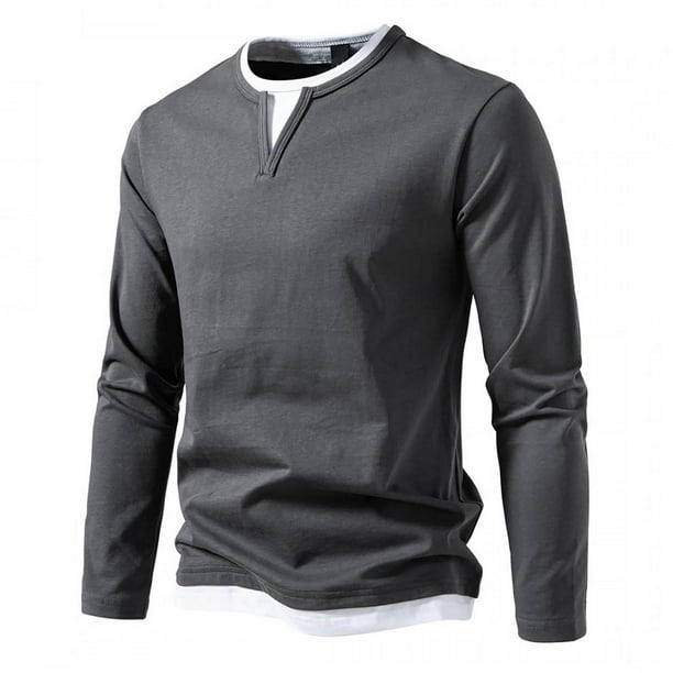 Camiseta de manga larga con cuello en V para hombre: dobladillo irregular, puños con costuras, prenda informal de otoño/invierno, solo lavado a mano, tallas S-XXL con datos de contorno de pecho/hom