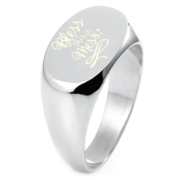 Sterling Silver Bless This Mess Engraved Oval Flat Top Polished Ring
