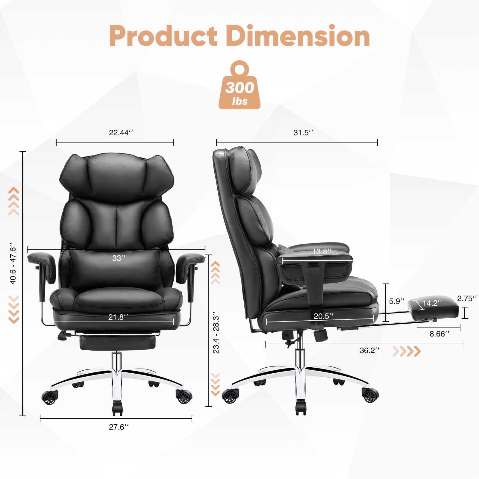 GIANNA Executive Home Office Desk Chair with Swivel Wheels, Footrest & Lumbar Support, Reclining Height Adjustable, Black