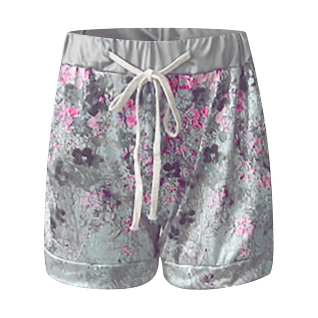 Pantalones cortos de pierna ancha de verano para mujer, pantalones cortos de poliéster de cintura alta con patrón de estampado con cordón