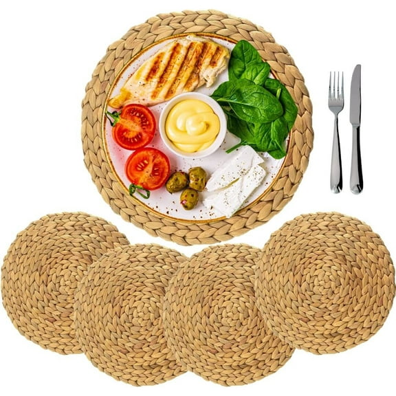 4 Pack, Round Woven Placemats, Natural Water Hyacinth Place mats, Braided Straw Table Mats for Dining Table (11.8 inch)