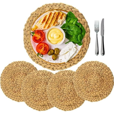 

11.8 Round Woven Placemats Set of 4 Natural Water Hyacinth Large Rattan Braided Placemats for Any Occasions Heat Resistant & Non Slip Wicker Chargers