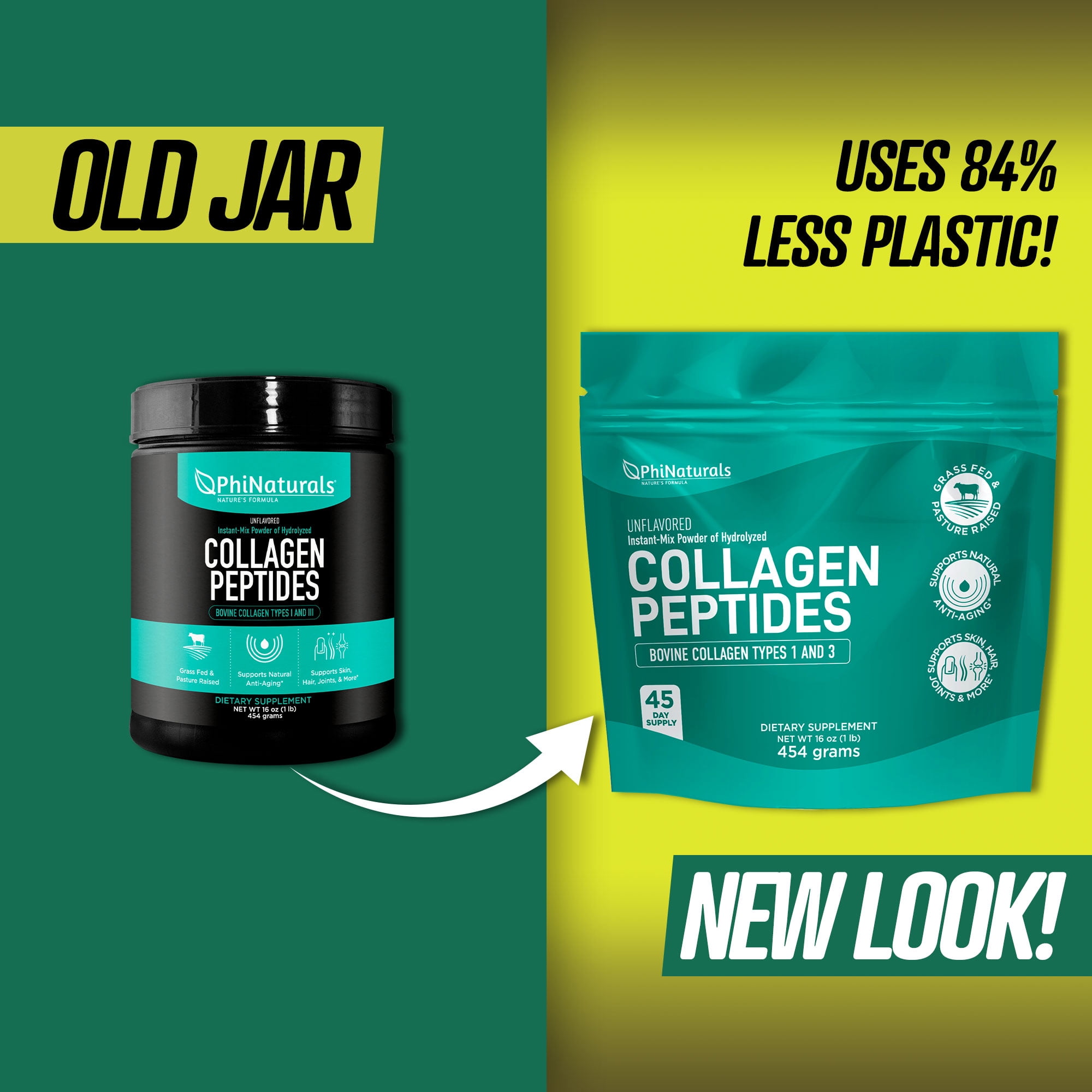 PhiNaturals Hydrolyzed Collagen Peptides Powder Unflavored – Grass Fed Bovine Collagen Protein Supplement for Women & Men – Supports Skin, Hair, Nails, Joints & Bones – Type I & III Collagen