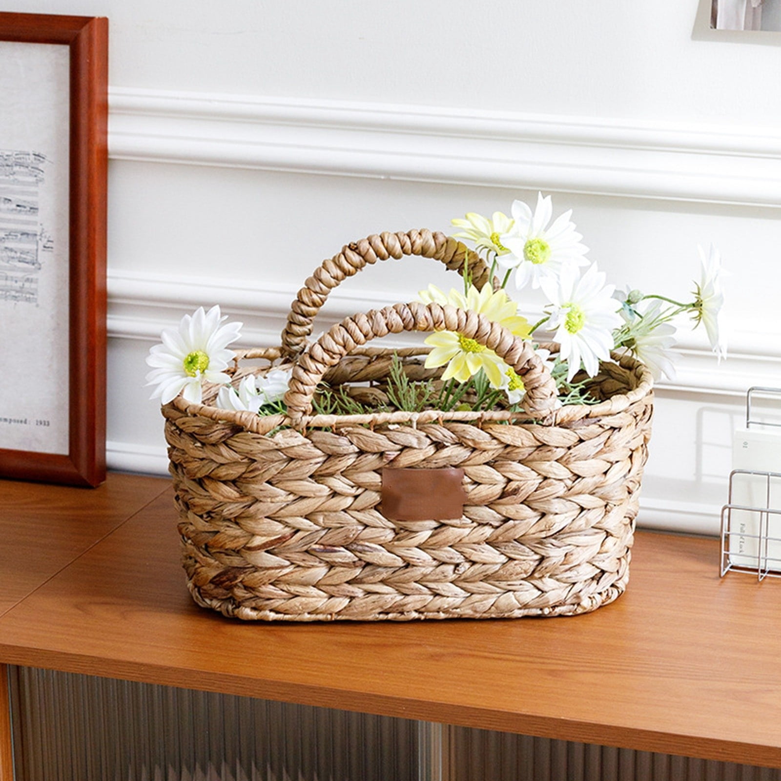 Wicker Basket with Handles - Handwoven Picnic Hamper, Oval Kitchen Storage Basket for Camping, Outdoor, Fruit, , Thanksgiving, Easter, Birthday Gift and Home Decor