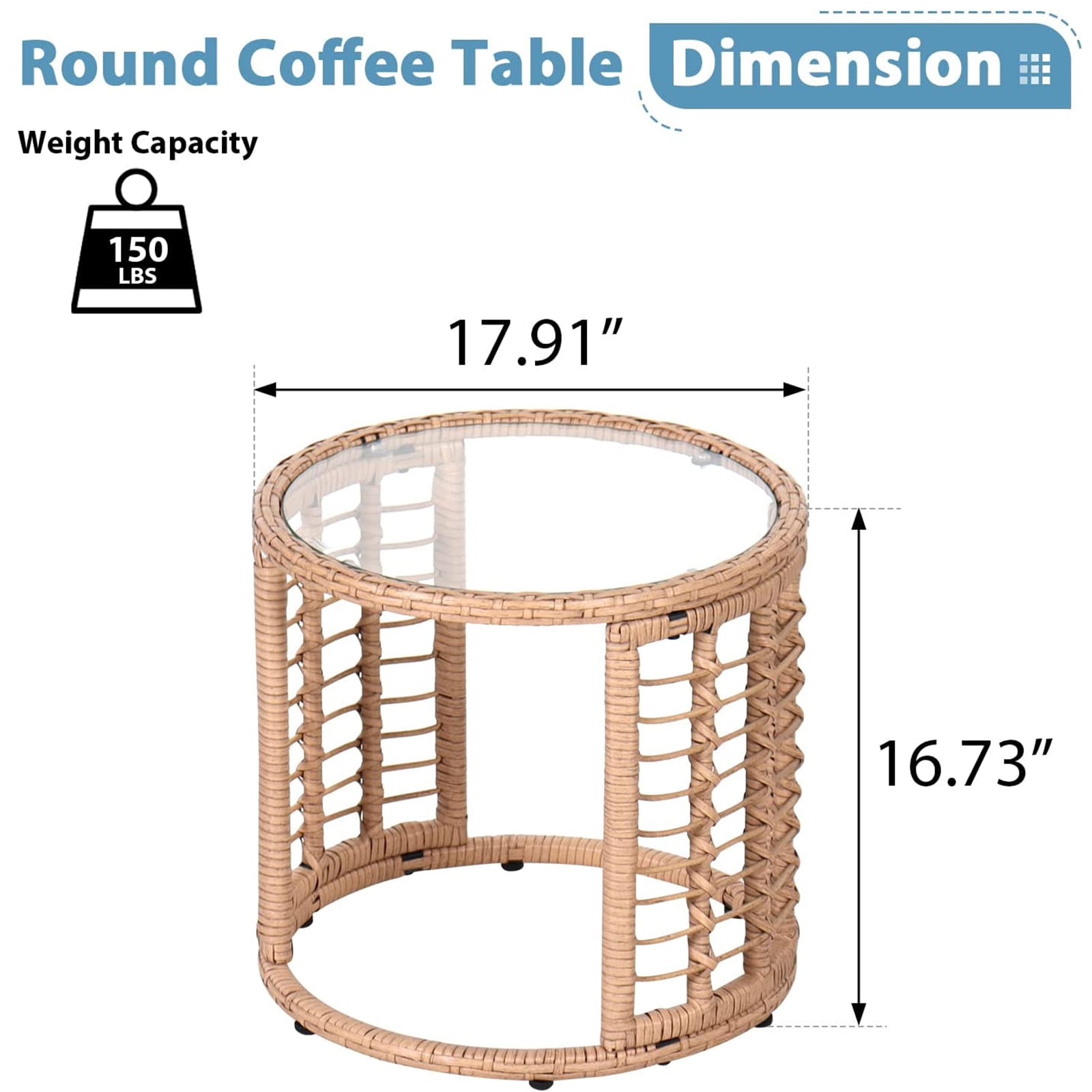 Outdoor Wicker Side Table, Patio End Table with Tempered Glass Top, All-Weather PE Rattan Round Coffee Table, Iron Frame, Beige