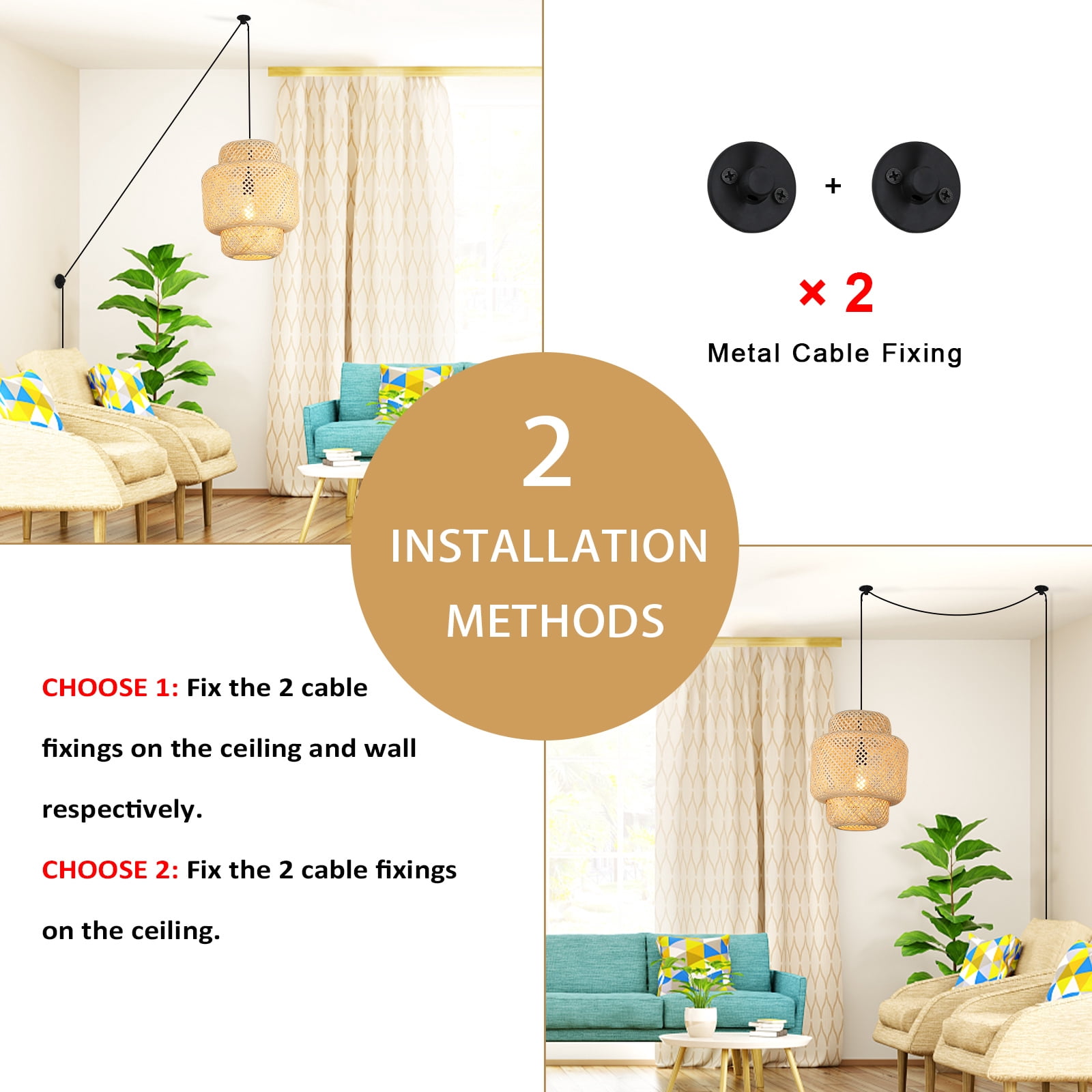 Injak Hand Woven Bamboo Pendant Lighting for Kitchen Island, Plug in Cord Wicker Ceiling Hanging Lamp, Rattan Basket Chandelier Fixture for Living Room Dining Room Restaurant (Cake Lampshape)