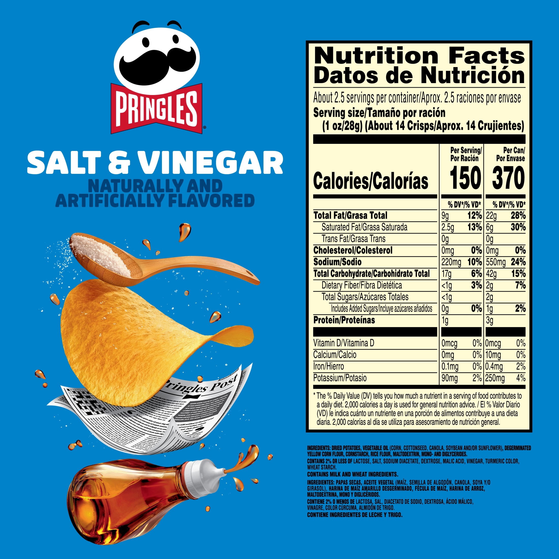 (2 pack) Pringles Potato Crisps Chips, Lunch Snacks, Office and Kids Snacks, Grab and Go Snack Pack, Salt and Vinegar, 2.5oz Can (1 Can)