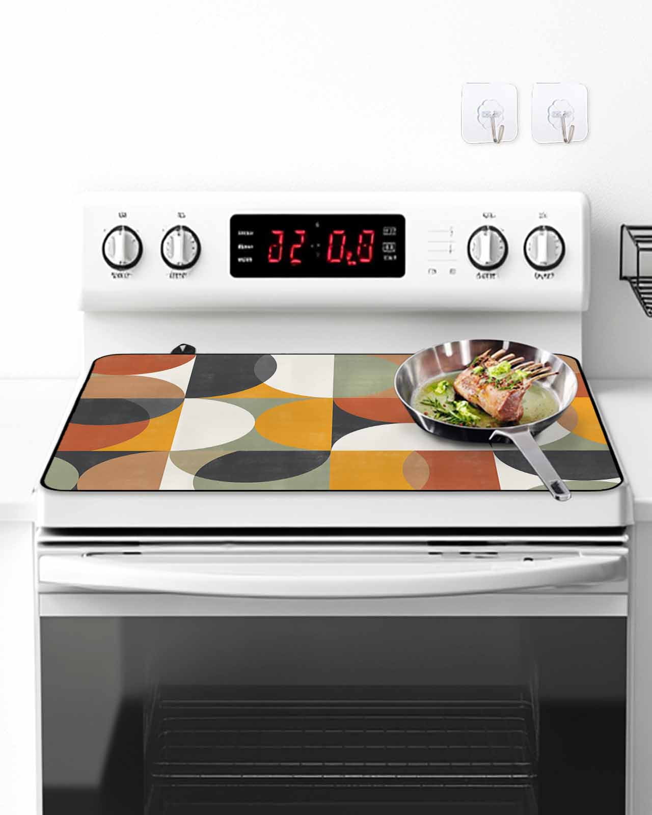 Mid-Century Modern Stove Top Covers for Electric Stove, 28'x20'' Abstract Geometric Semicircle Green Glass Ceramic Stove Cover Foldable Rubber Mat Heat Resistant Cooktop Protector for Kitchen