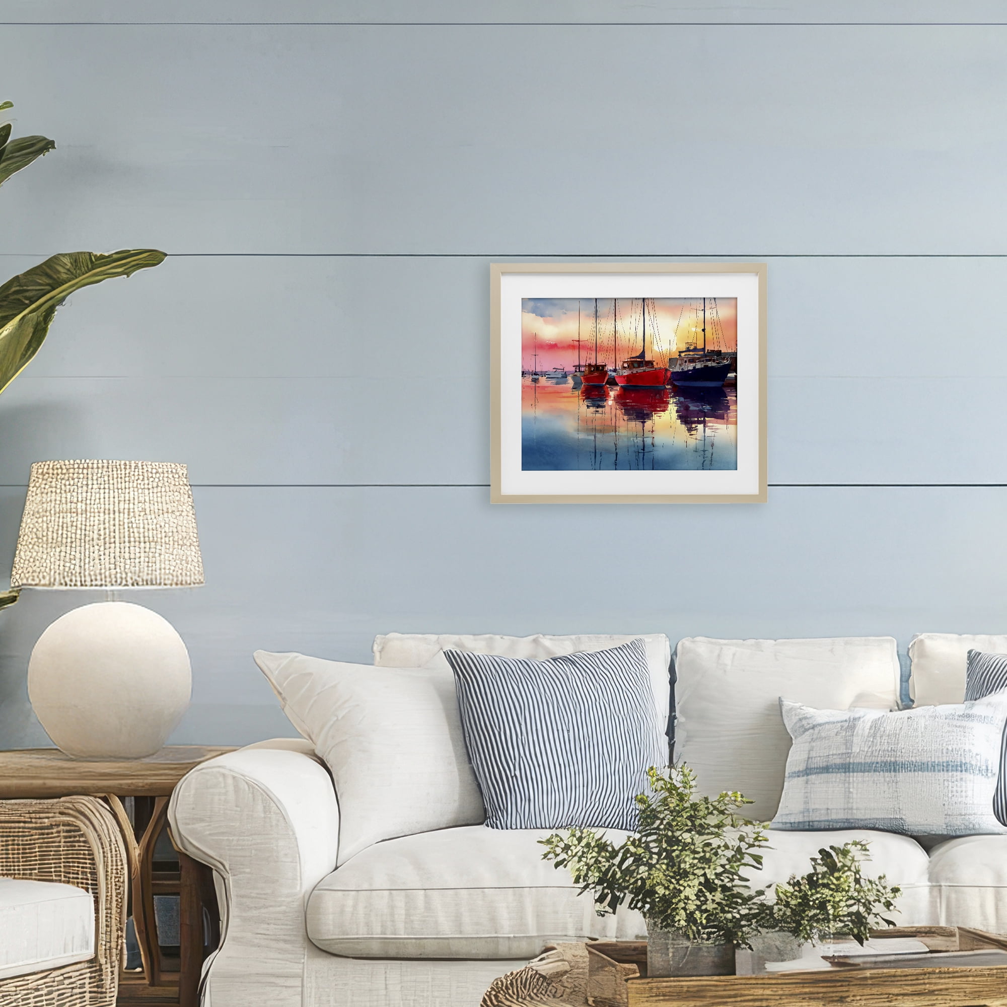 Stupell Industries Red & Blue Boats at Sunset Birch Framed Print Under Glass, design by Franklyn Gregory