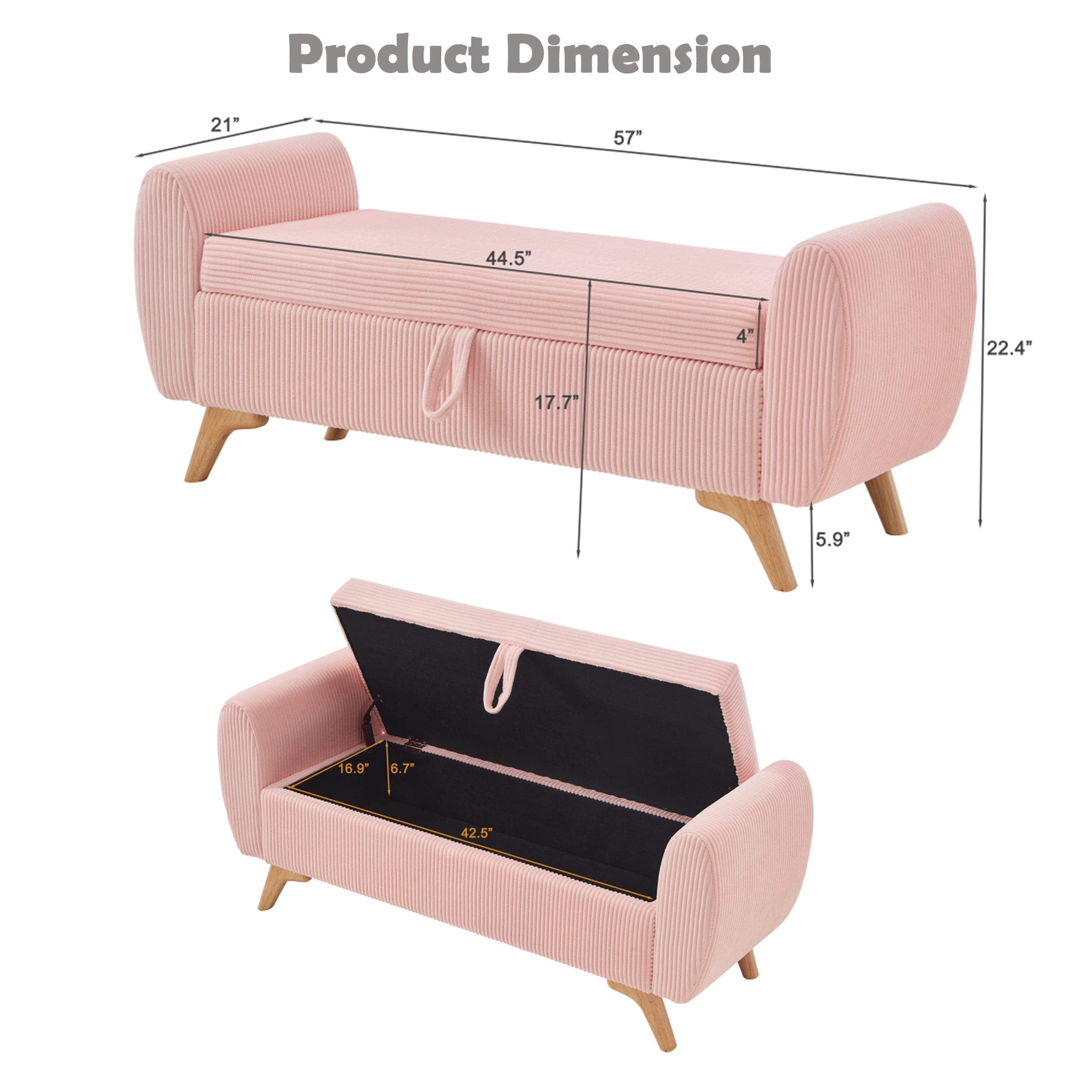 Storage Bed Bench 57 Inch, Corduroy Upholstered Bench with Flip Top Storage for Bedroom Hallway, Pink