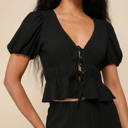 Elippeo Women s Ruffle Tops Fitted V Neck Short Sleeve Open Front Tie-Up Babydoll Blouse for Summer
