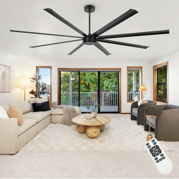 Ohniyou 96" Large Industrial Ceiling Fan with Remote, 6-Speed, 3 Downrods, 8 Aluminum Blades,Outdoor Modern Black Ceiling Fans for Patios Garage Shop Porch Indoor