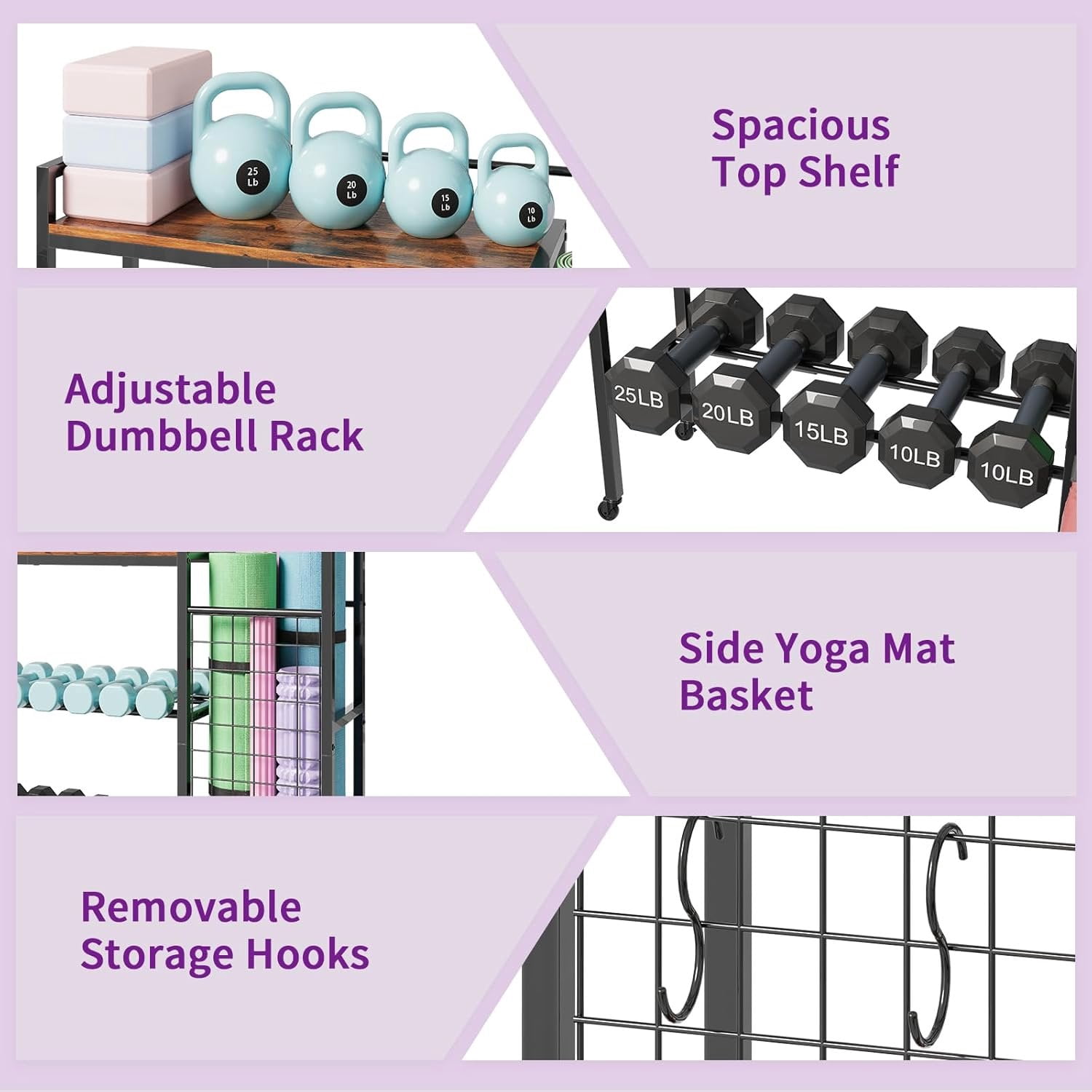 Dumbbell Rack, Gym Storage Rack, Weight Rack for  Gym, Dumbbells, Kettlebells, Yoga Mats &  Space-Saving  Gym Organizer