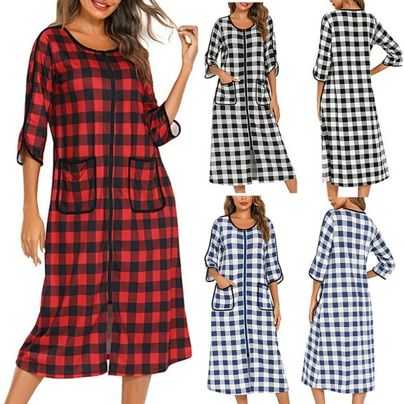Feancey Plaid Nightgowns for Women Zipper Front 3/4 Sleeve Nighshirt Comfy Loose Round Neck Sleepwear Soft Lightweight Nightdress with Pockets Blue M