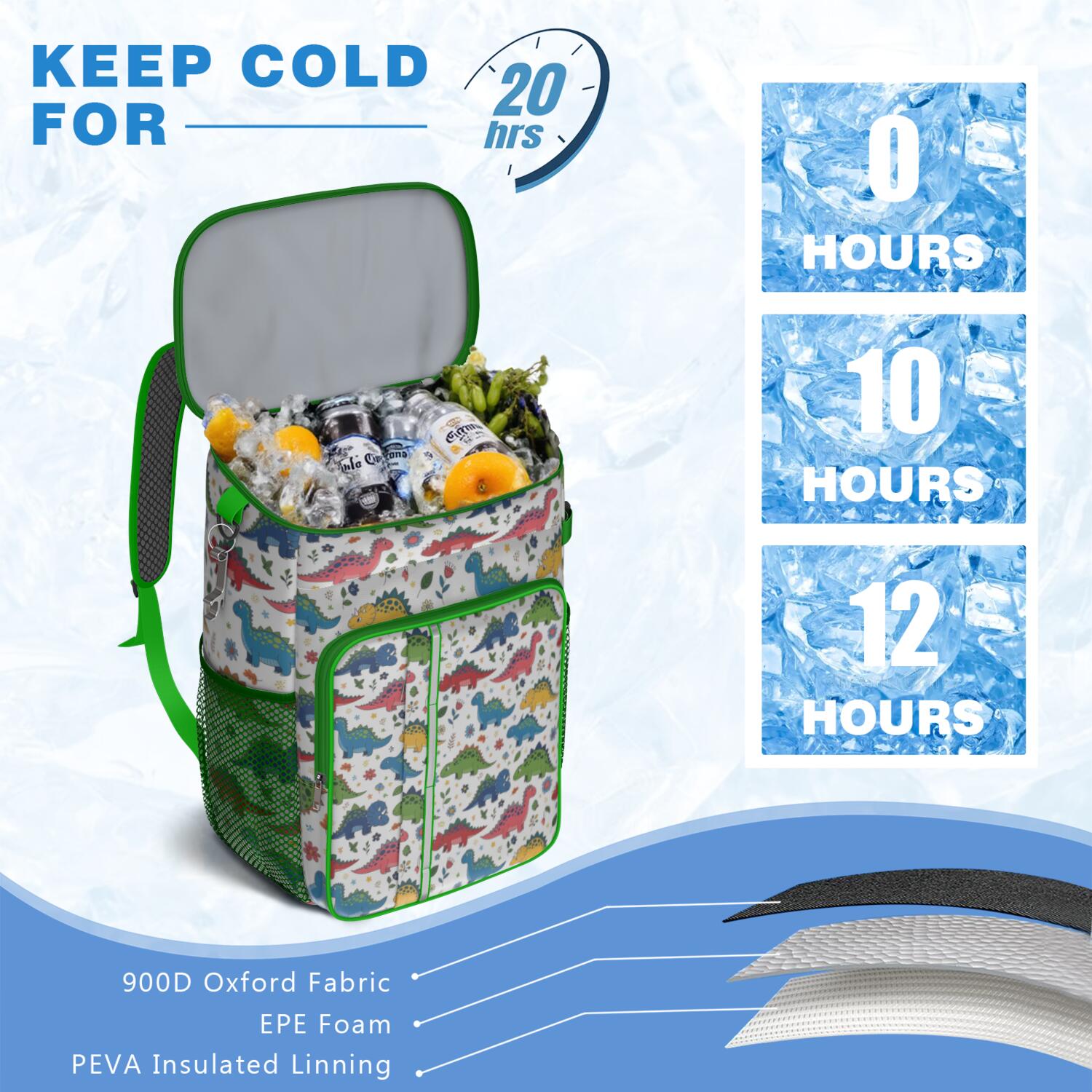 Travel Cooler Bag - White Cartoon Dinosaurs Flowers Pattern Camping Beer Cooler Backpack with Bottle Opener- Waterproof Insulated Picnic Backpacks - Cooler Bag for Beach