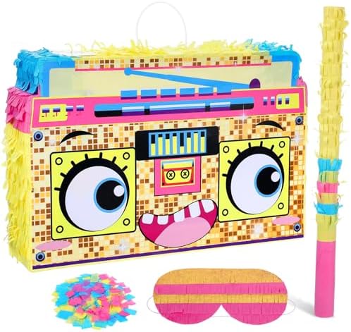 4Pcs Music Player Piñata with Blindfold Hitting Stick Confetti for Birthday 80s 90s Hip Hop Theme Party (16.5x10.6x2.7 Inch)