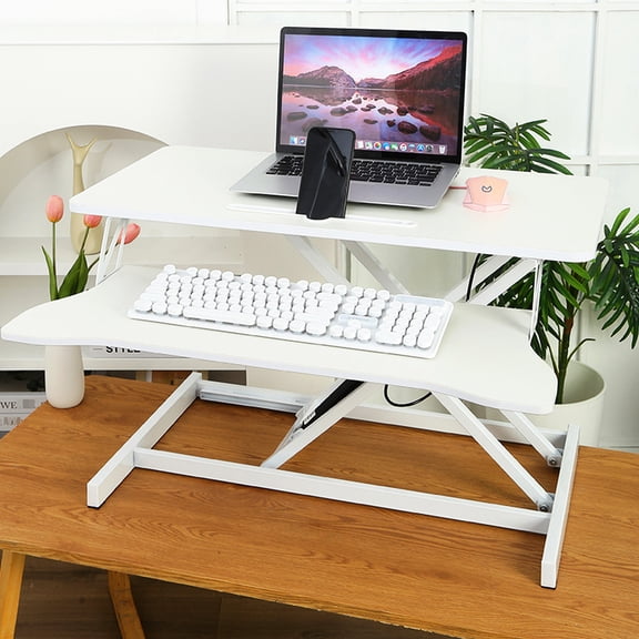 Height Adjustable 32 Inch Desk Converter, For Dual Monitor And Laptop Configurations, White, With Large Keyboard Support White Sit To Stand Suited Combos, Wide Rack