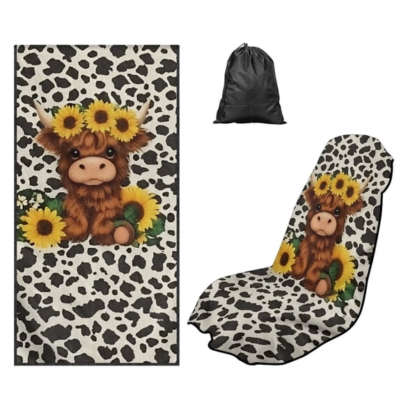 FOR U DESIGNS Highland Cow Spot Sunflower Print Car Seat Protector Towel Universal Fit for Front Seats, Multi-Purpose Running Towel for Outdoor Sport, Yoga, and Summer Travel