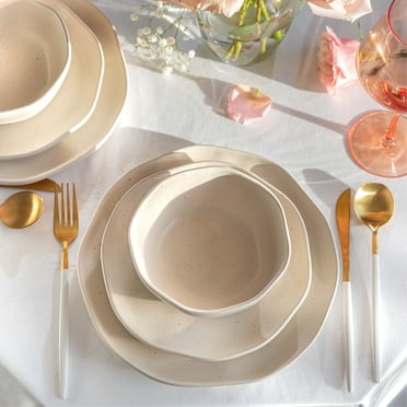 Gibson Elite Matisse 16-Piece Dinnerware Set - Service For 4, Taupe Stoneware With Double Bowls