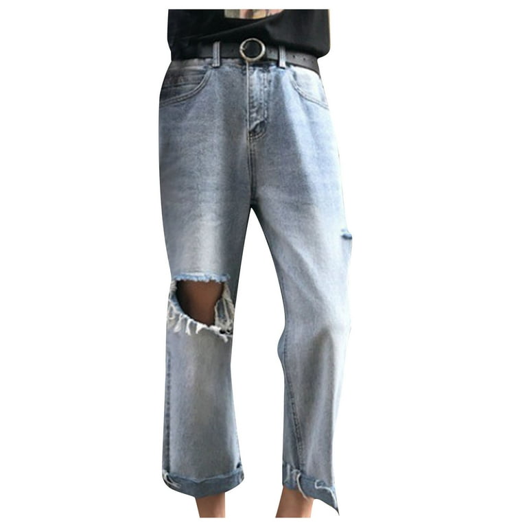 Lolmot Women Destoryed Flare Jeans Button Wide Leg Denim Cargo Pants Combat  Jeans