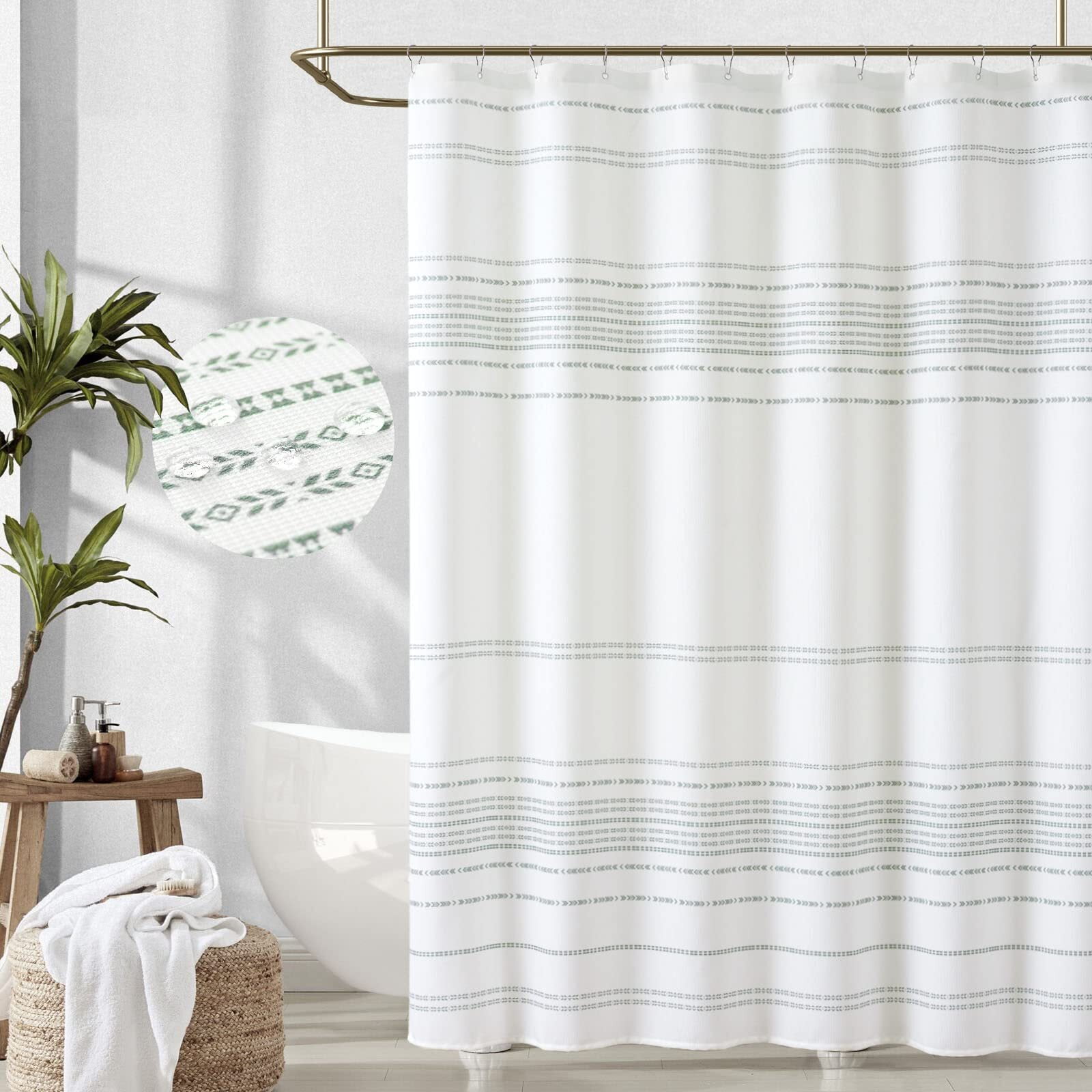 Curtainking Green and White Shower Curtain Boho Fabric Shower Curtain