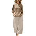 thumbnail image 2 of ClodeEU Women's Embroidered Linen Blend 3/4 Sleeve Boho Set,Casual Solid Color Wide Leg Pants Two Piece Outfit Khaki,Women's Plus M, 2 of 6