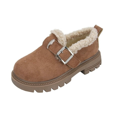 Povozer Girls Fuzzy Warm Winter Short Boots with Furry Lining Bootie Shoes for Girls(Khaki 4-4.5 Years)