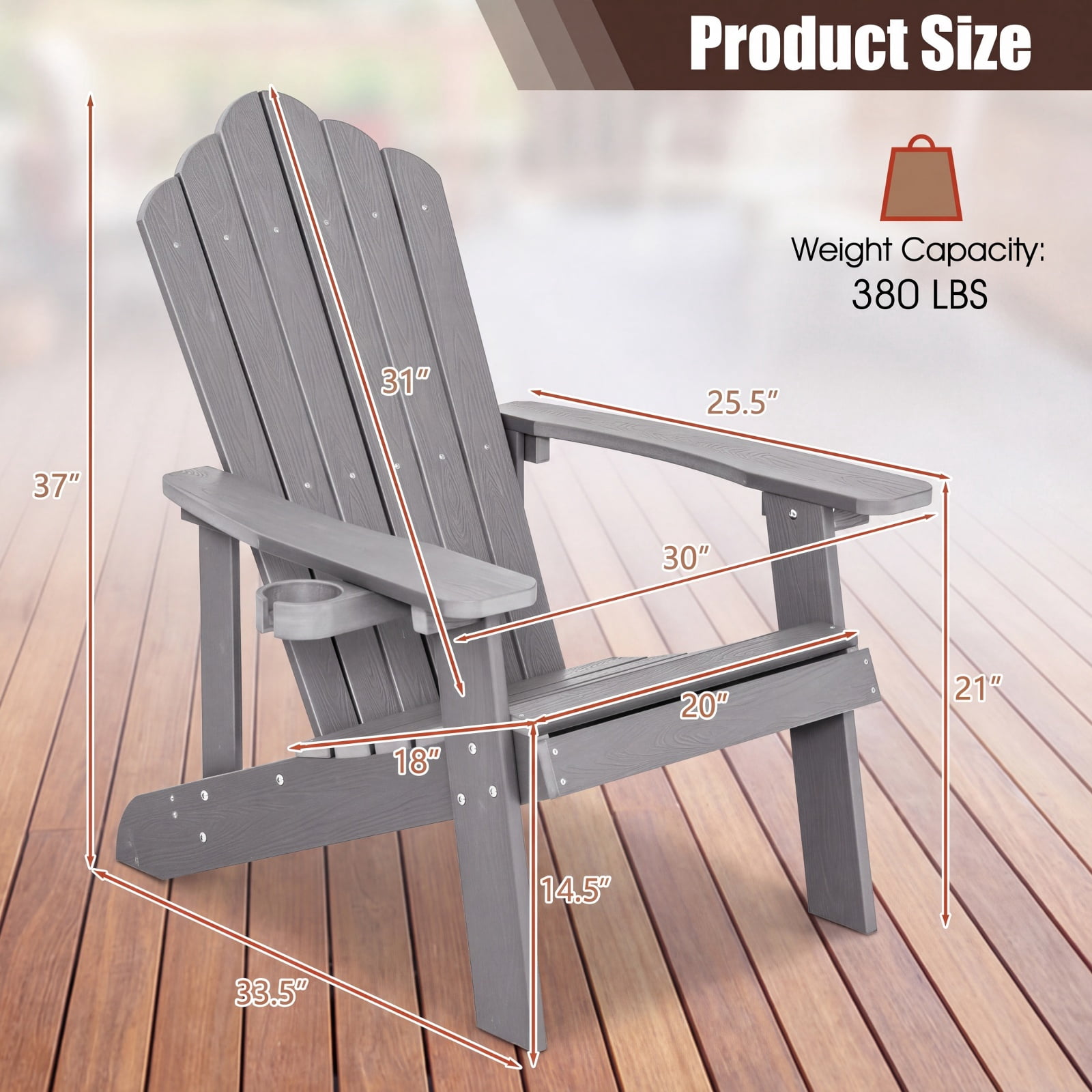 Furnibear Weather Resistant HIPS Outdoor Adirondack Chair with Hidden Cup Holder and High Backrest for Garden Patio and Poolside, Gray