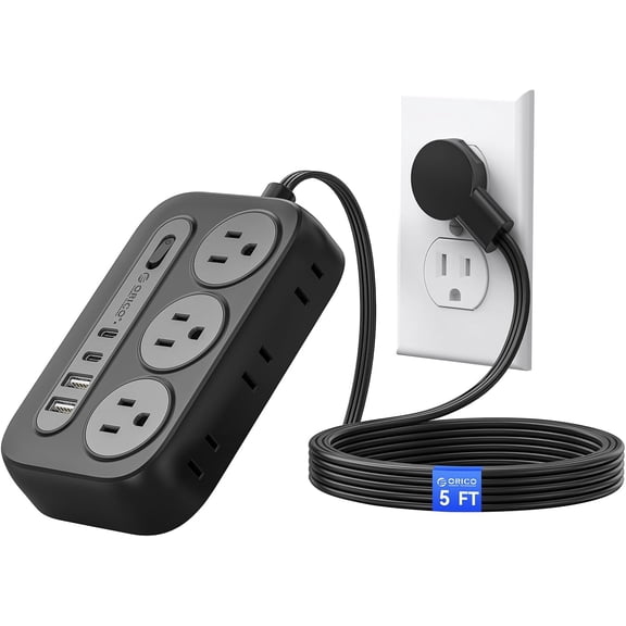 ORICO Surge Protector Power Strip, Multiple Outlets Extension Cord with 6 AC Outlets 2 USB-A and 2 USB-C Ports, 5 ft Flat Plug Power Strip, Mountable Outlet Extender for Dorm/Office/Home- OG