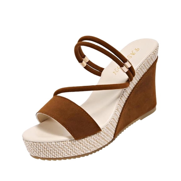 KIJBLAE Women's Suede Linen Two Wear Platform Wedge Sandals, Lightweight Comfort Casual Slides for Summer Street Vacation Brown 39