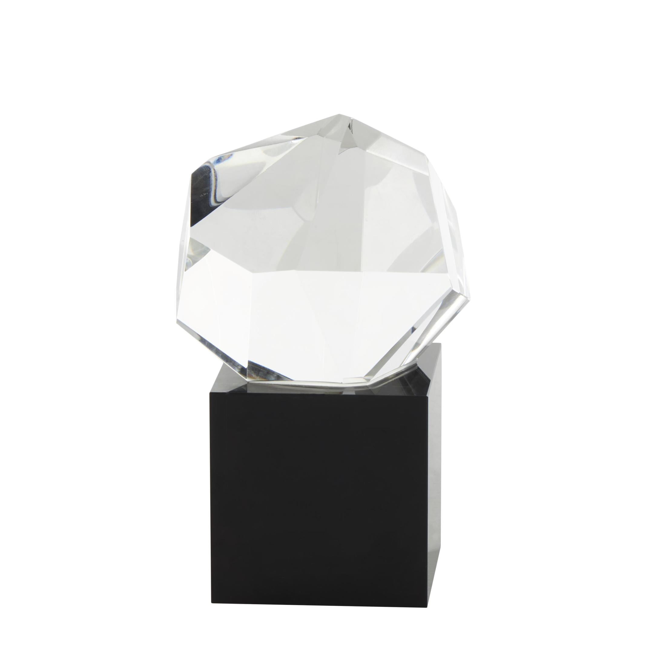 4" x 7" Clear Glass Cut Stone Inspired Geometric Sculpture with Black Base, by DecMode