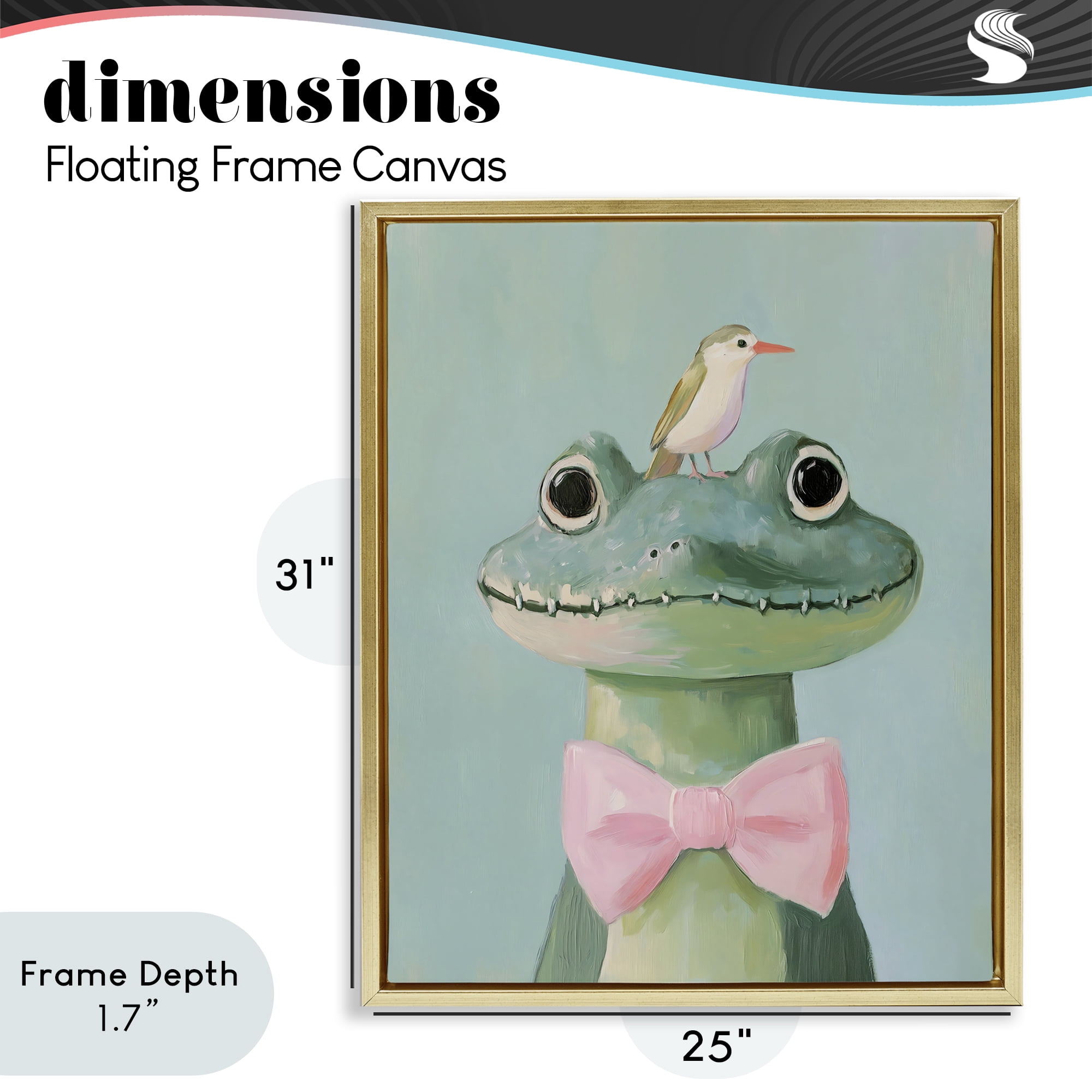 Stupell Industries Crocodile & Bird with Bowtie Gold Framed Floater Canvas Wall Art, design by The Prints Vibe