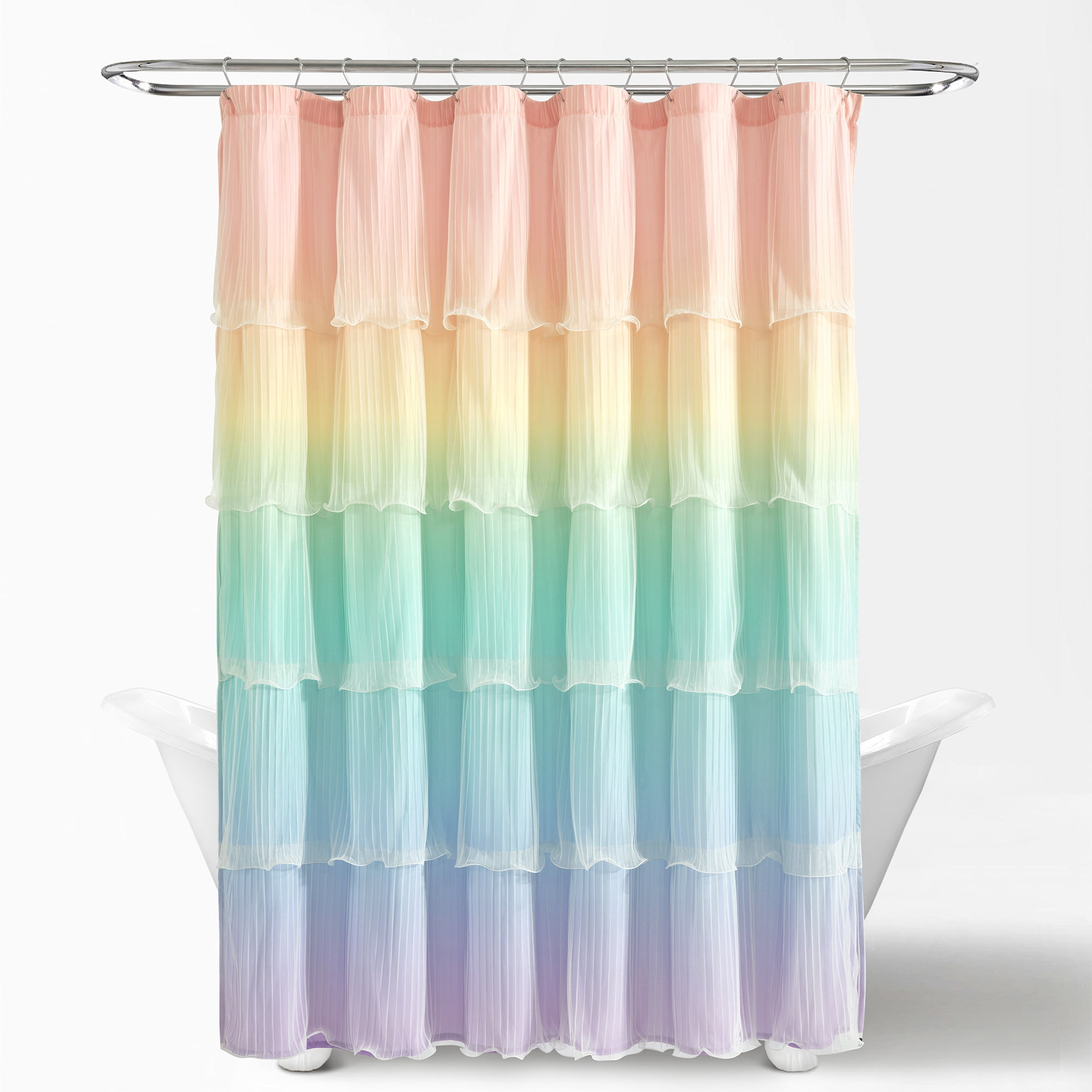 Lush Decor Rainbow Ombre Nerina Ruffled Shower Curtain Single 72" W x 72" L Rainbow - Colorful Ruffles - Rainbow Shower Curtain - Frilly Teen Or Kids Bathroom Decor