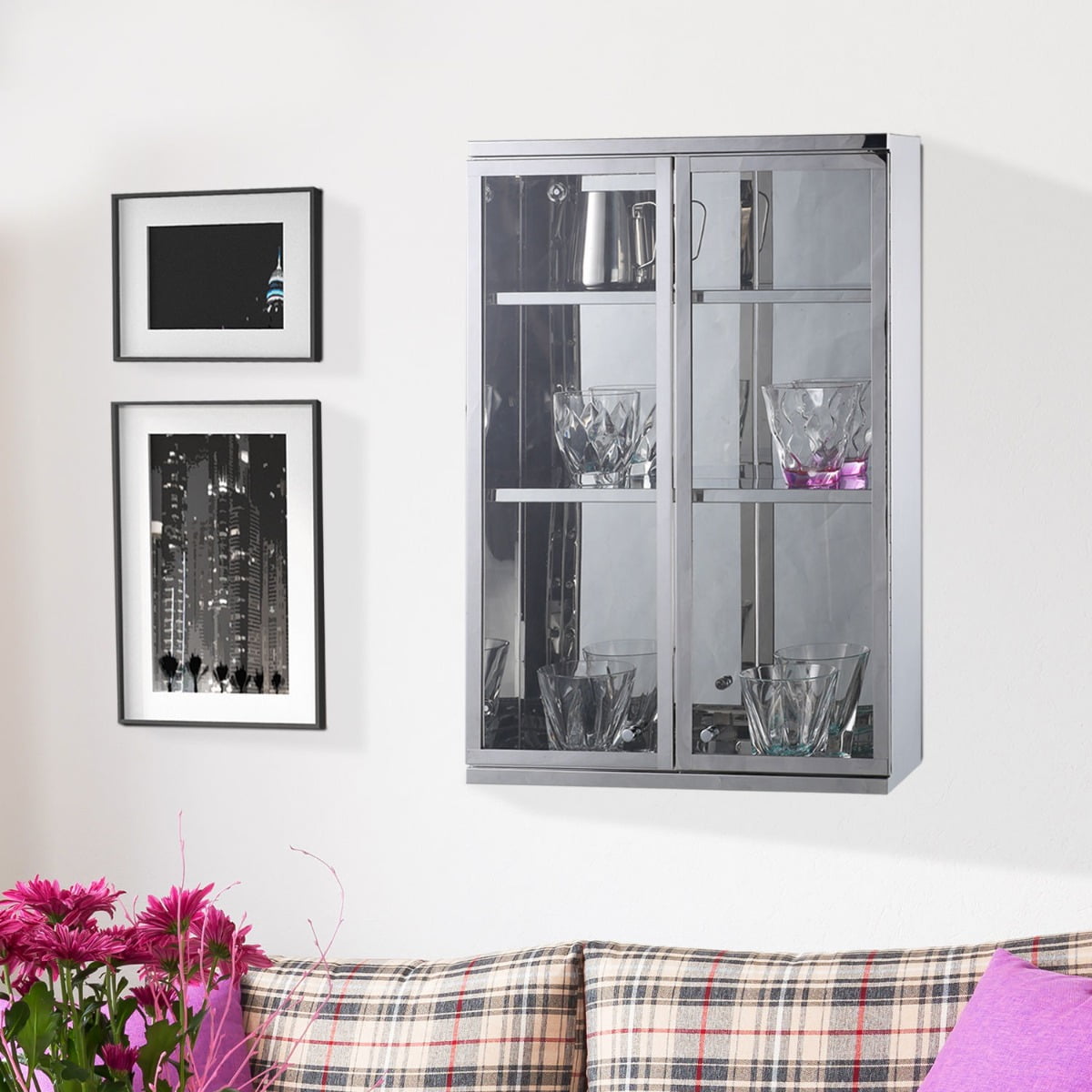 Vertical 24" Stainless Steel Bathroom Wall Mounted Glass Medicine