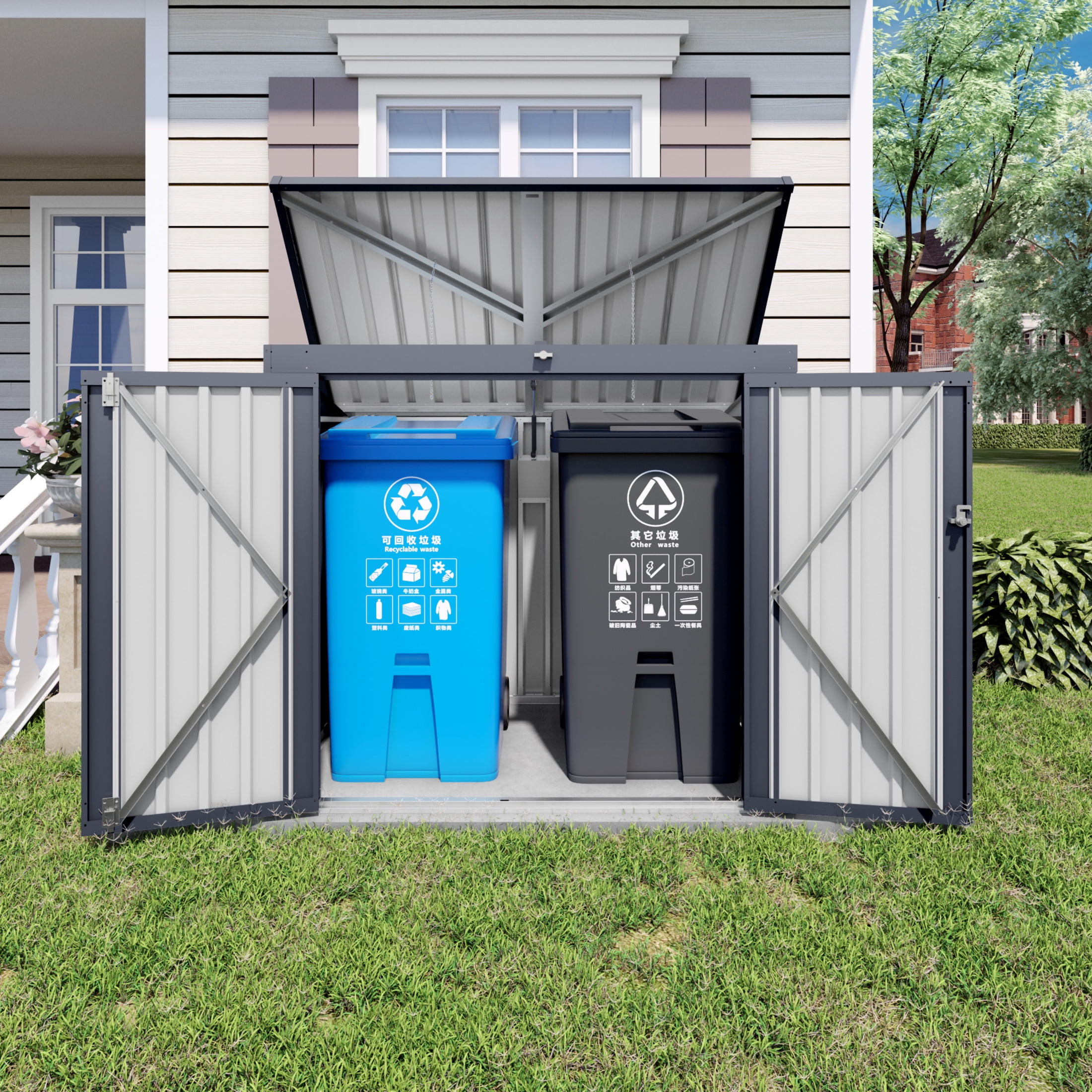 Noble House Outdoor Trash Can Storage Shed for 2 Bins, Metal Garbage Bin Enclosure with Lid, Gray