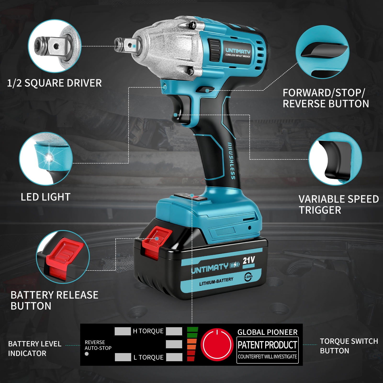 Cordless Impact Wrench, UNTIMATY 1/2 inch  Brushless Impact Drivers, Max Torque 320 Ft-lbs（430N.m） Impact Wrench with 21V Brushless Motor, with 3.0Ah Li-ion Battery & 7 Sockets,Blue