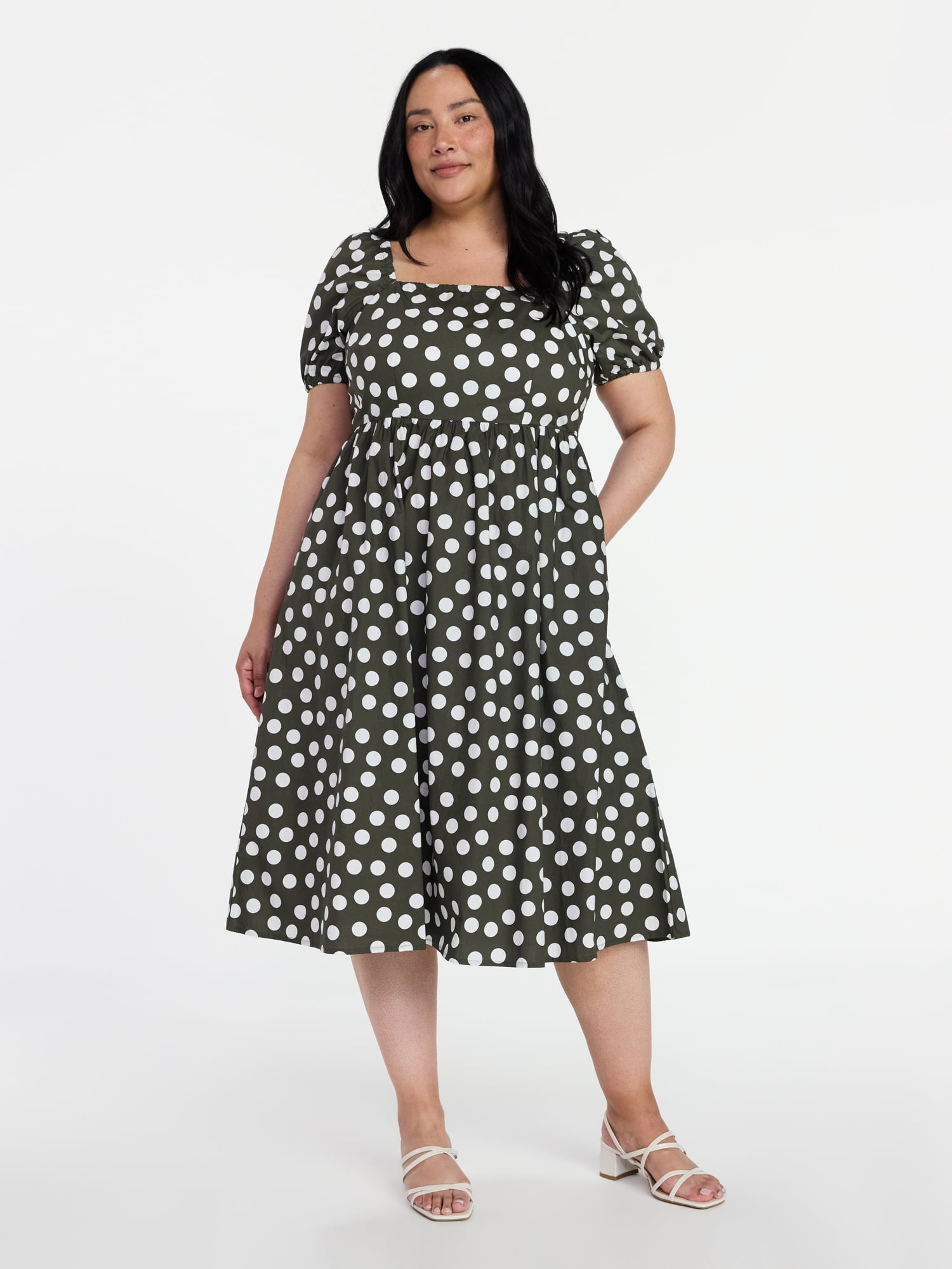 Time and Tru Women's and Women's Plus Cotton Back Tie Midi Dress with Short Puff Sleeves, Sizes XS-4X