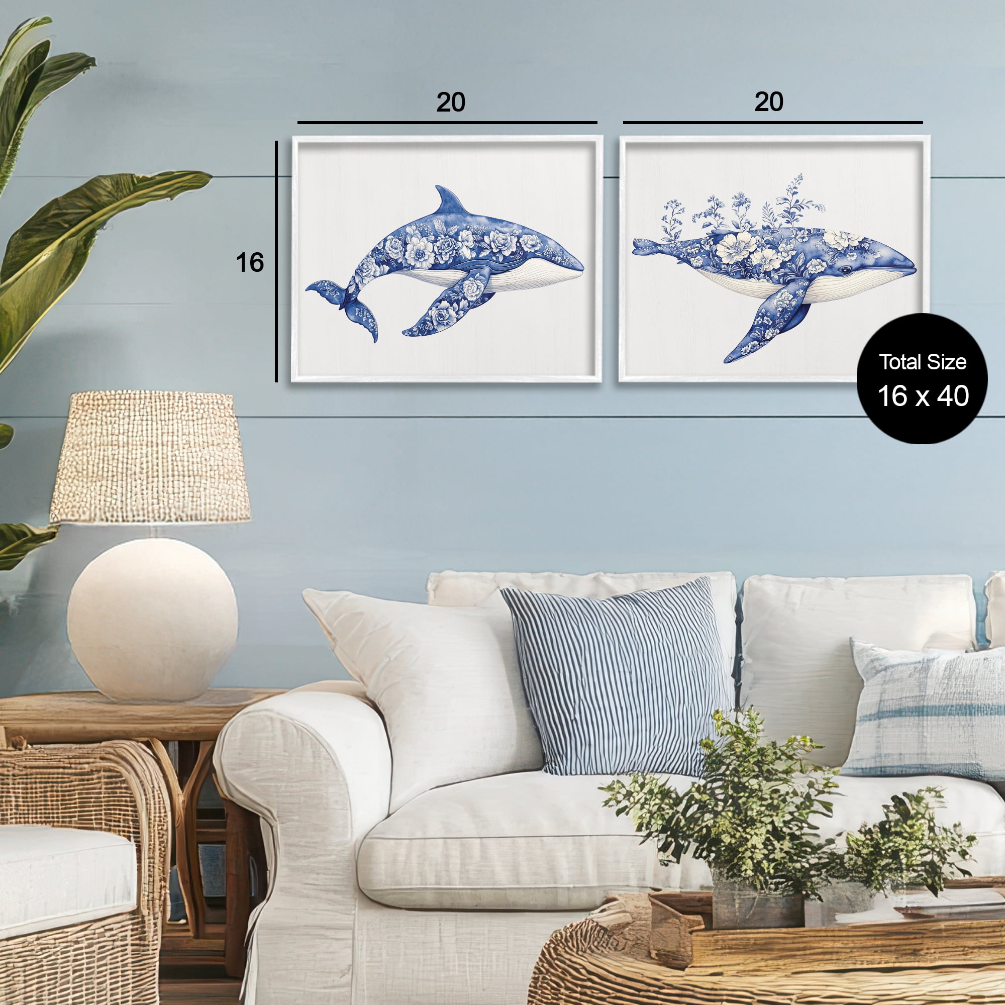 Blooming Toile Pattern Whales 2 Piece White Framed Giclee Art Set, design by Lettered and Lined