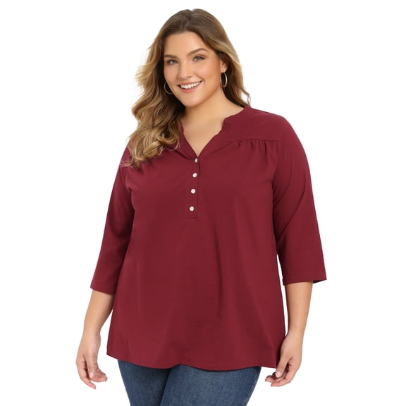 DARING DIVA Women's Plus Pleated Button Front Shirts 3/4 Sleeve Blouses 1X Burgundy
