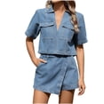 thumbnail image 2 of BRGZLK Denim 2 Piece Outfits for Women Summer Casual Trendy V Neck Jean Tops Asymmetric Hem Short Skirt Loose Set with Pockets Streetwear Dark Blue S, 2 of 6
