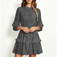 thumbnail image 4 of ClodeEU Women's Polka Dot Print Round Neck 3/4 Bubble Sleeve Waist Tie Ruffle Mini Dress,Elegant Casual Date Party Swing Dress Black,Women's Plus L, 4 of 5