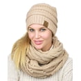 thumbnail image 3 of C.C BeanieTail Messy High Bun Cable Knit Beanie and Infinity Loop Scarf Set, Dark Beige, 3 of 4