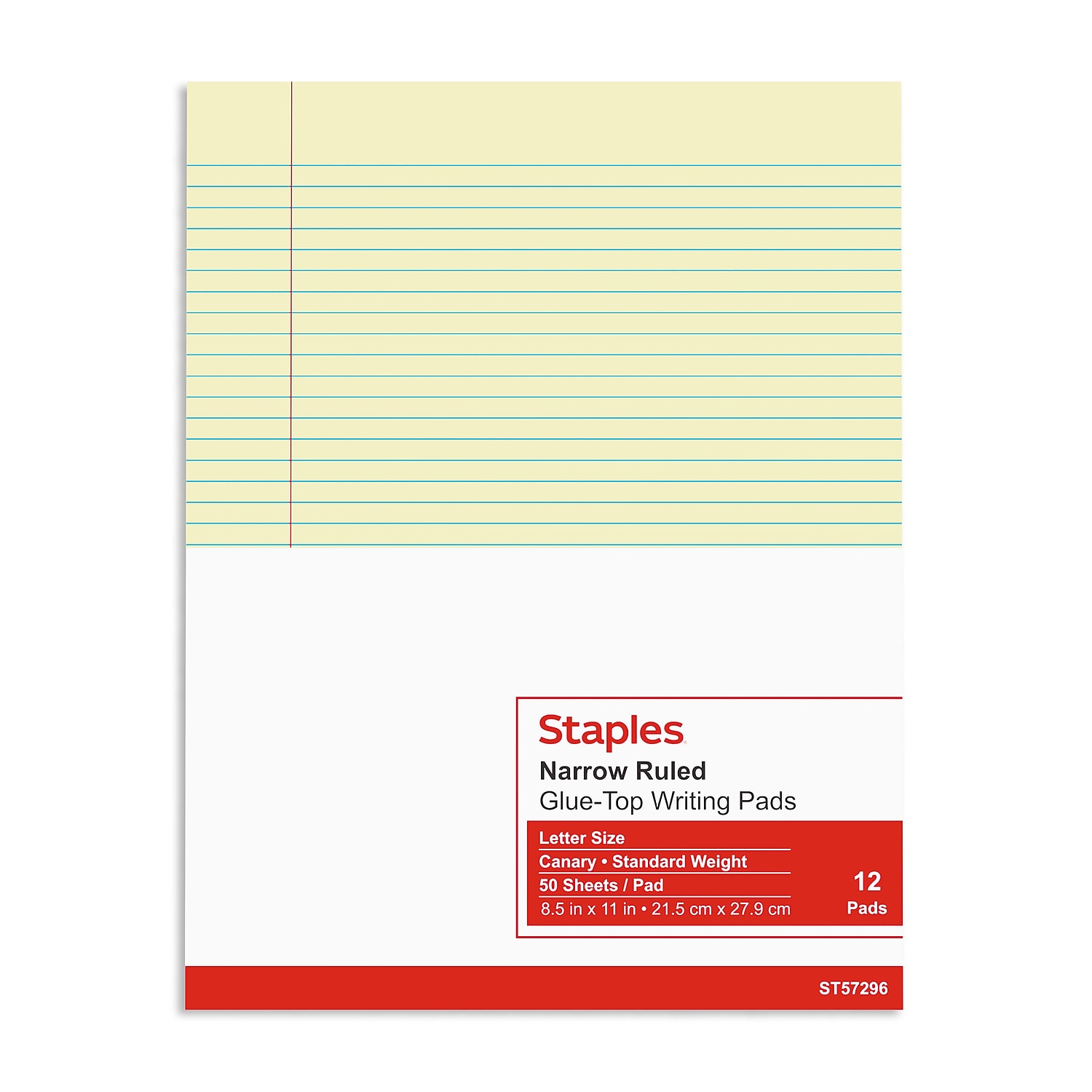 Staples Notepads 8.5" x 11" (US letter) Narrow Ruled Canary 50 Sheets/Pad 24/Carton ST57296VS