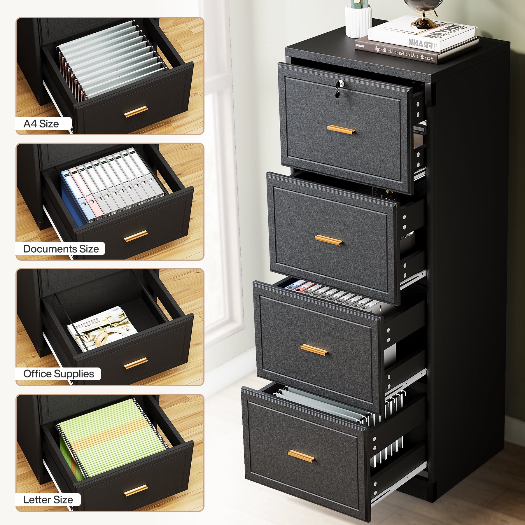 Fnova 4-Drawer File Cabinet, Tall Filing Cabinet with Lock and Key, Heavy Duty Wooden Vertical Office Storage Organizer for Legal Size/Letter/A4/Files, Home Office, Black