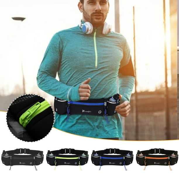 Mochila de cintura para correr con soporte para botellas de agua | Cinturón de fitness unisex ajustable para todos los móviles | Cremallera reflectante, resistente al agua, bolsillos seguros