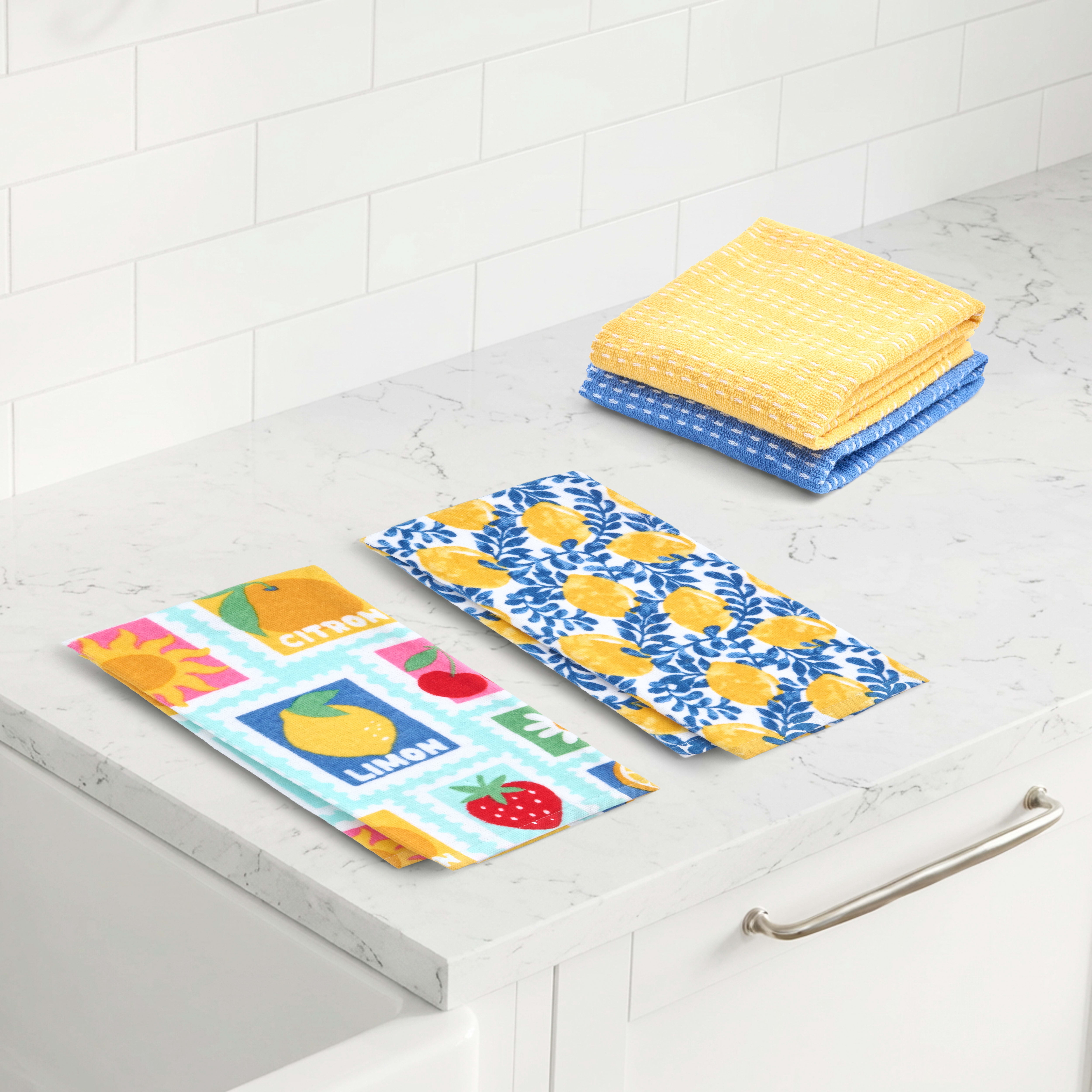 RITZ 100% Cotton Summer Kitchen Towels, Set of 4, Citron Stamps Dish Towels Set