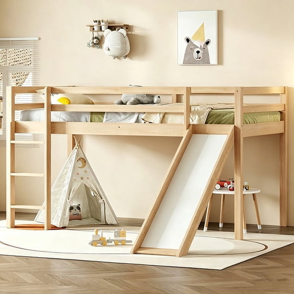 Bellemave Twin Size Loft Bed with Slide, Kids Low Loft Beds Frame with Ladder, Wood Toddler Loft Bed with Safety Guardrails (Natural)