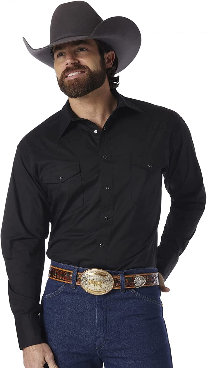 Wrangler Men's Sport Western Basic Two Pocket Long Sleeve Snap Shirt Large  Tall Black 